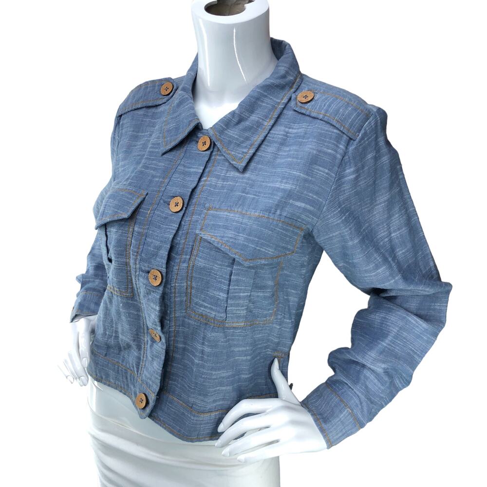 Ivy Jane Womens Size XS Button Front Utility Shirt Epaulettes Space Dye Blue